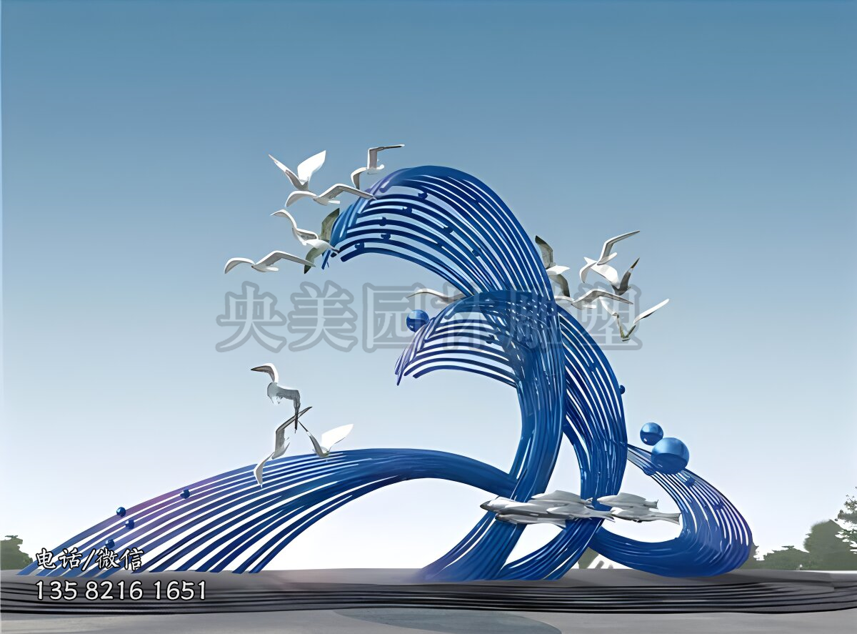 抽象不銹鋼海浪海鷗景觀(guān)雕塑